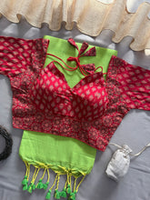 Pista  Handloom Cotton Saree With Red Ajrakh Print Redy Made Blouse